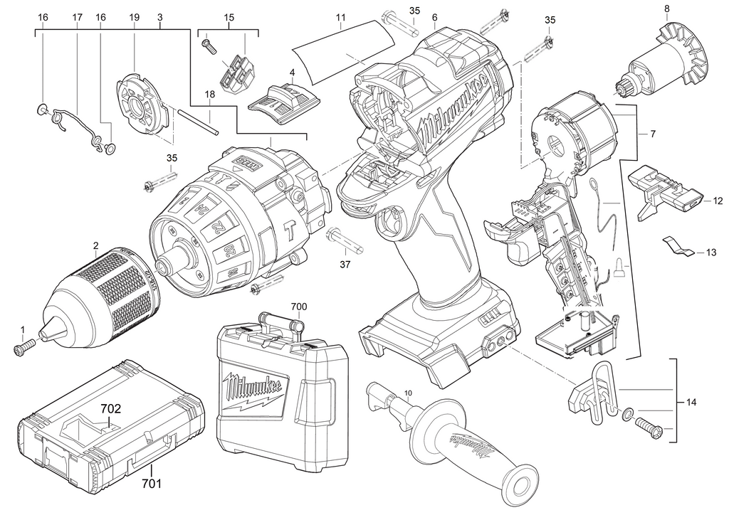 Milwaukee M18CPD brushless percussion drill spare parts