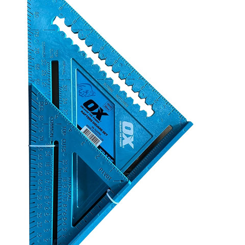 OX-T433702 2 Piece Trade Rafter Squares 180mm & 300mm ABS for precise marking of cuts, angles, and woodworking layouts.
