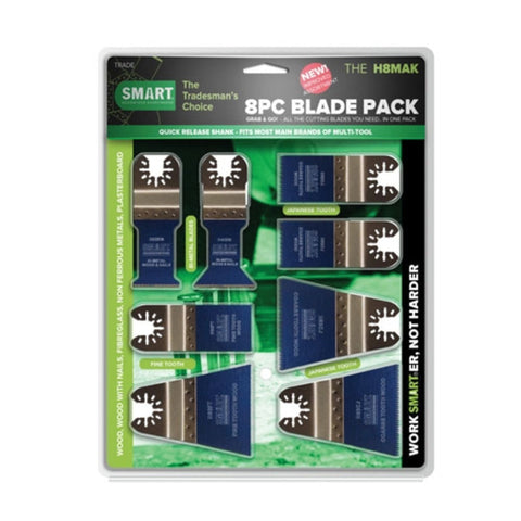 SMART H8MAK 8 Piece Multi-Tool Blade Set with fine, Japanese, and bi-metal blades for wood, metal, and plastic cutting.