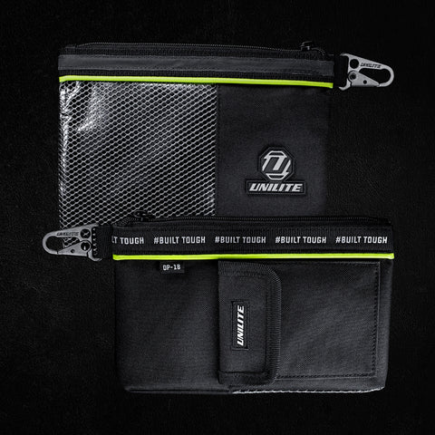 Unilite heavy-duty zip storage pouches with 600D nylon, waterproof lining and mesh fronts for organised tool carrying.