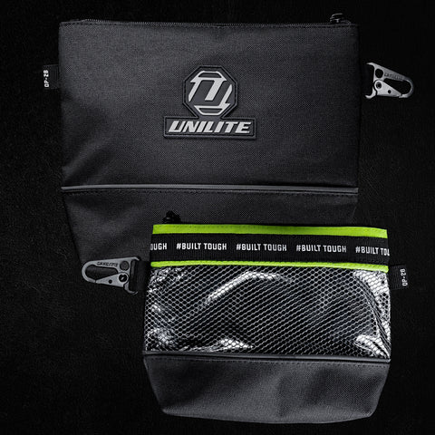 Unilite heavy-duty stand-up storage pouches with 600D nylon, waterproof lining and mesh windows for organised tool storage.