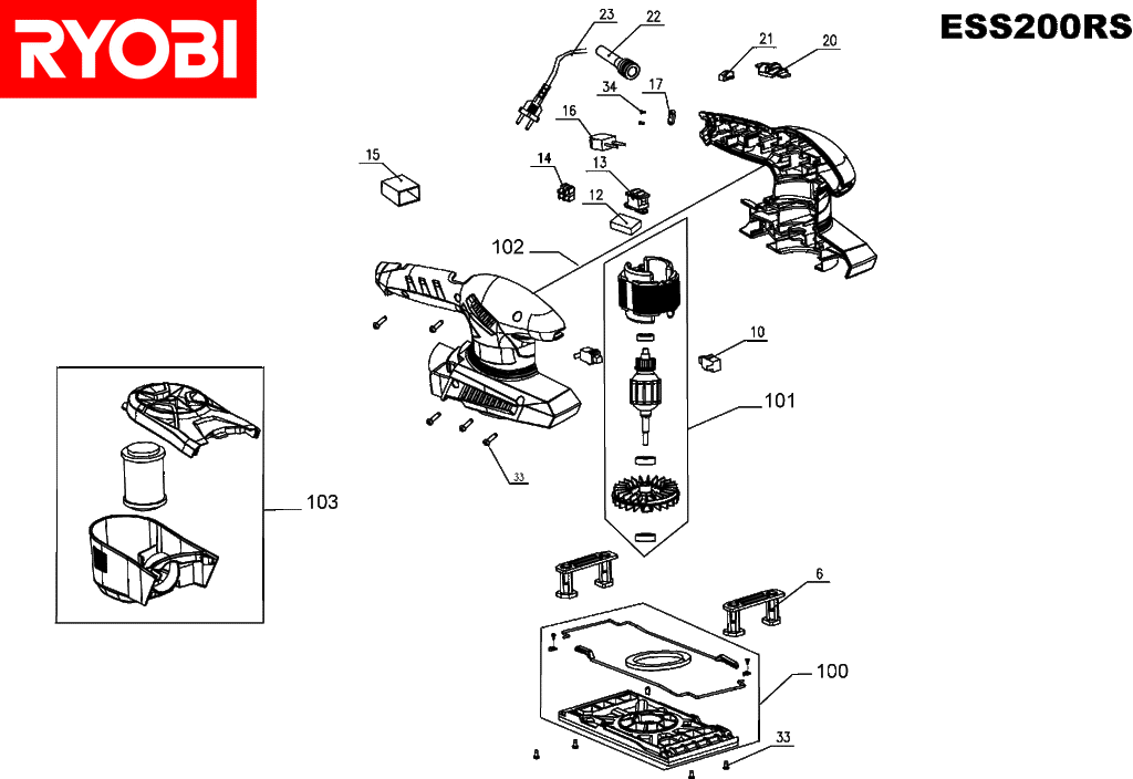 Ryobi ESS200RS spare parts 200W 1/3 sheet sander