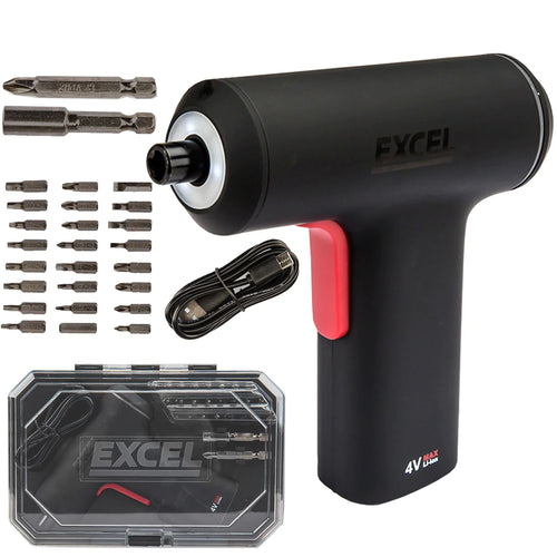 Excel 4V cordless electric screwdriver with LED light, smart touch control and 24-piece bit set in a compact plastic case.