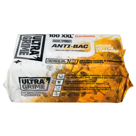 UltraGrime Pro Anti-Bac XXL cloth wipes 100-pack for heavy-duty cleaning with long-lasting, strong disinfecting wipes.
