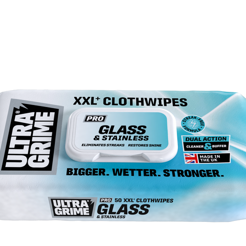UltraGrime Pro 5980 Glass & Stainless XXL+ Wipes for cleaning and polishing glass, chrome, and stainless steel surfaces.