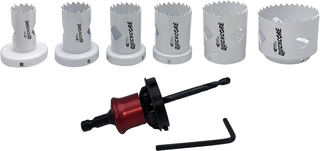 QUICKCORE HOLESAW SET - 7pcs Includes 25mm, 32mm, 38mm, 44mm, 51mm, 64mm Hole Saws & Arbor with Pilot Drill Bit