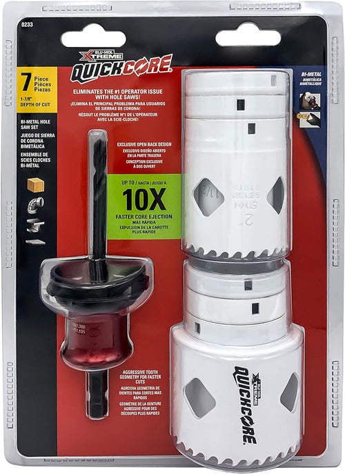 QUICKCORE HOLESAW SET - 7pcs Includes 25mm, 32mm, 38mm, 44mm, 51mm, 64mm Hole Saws & Arbor with Pilot Drill Bit