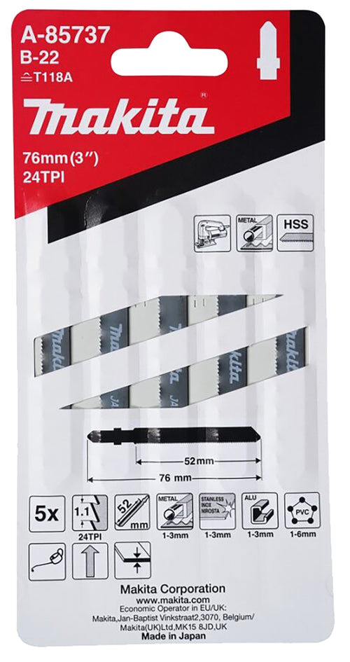Makita A-85737 HSS 24 TPI jigsaw blades, 5-pack, for accurate cutting in metal, steel, aluminium and PVC.