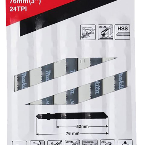 Makita A-85737 HSS 24 TPI jigsaw blades, 5-pack, for accurate cutting in metal, steel, aluminium and PVC.