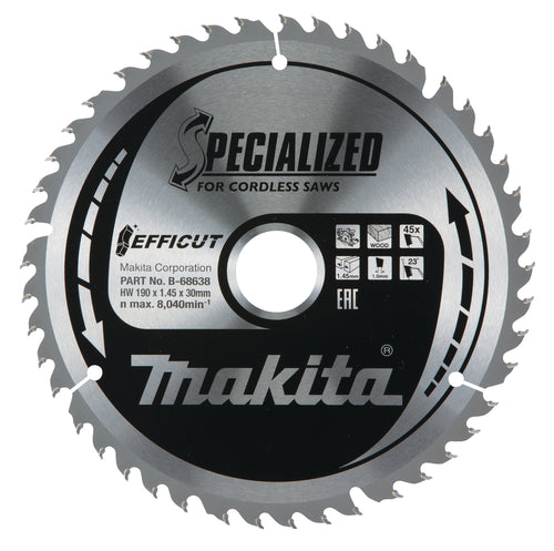 Makita Efficut 190mm 45T TCT circular saw blade with carbide tips for smooth, accurate wood cutting.