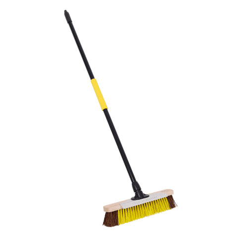 Bulldozer heavy-duty utility broom with stiff bristles, metal scraper and cushioned handle for tough sweeping tasks.