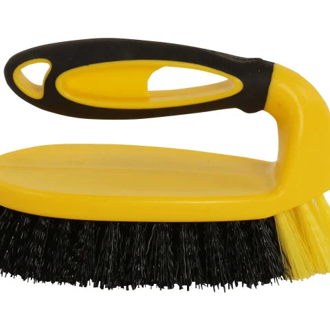 Bulldozer soft-grip scrub brush with dual-fill PET bristles and heavy-duty body for powerful surface cleaning.