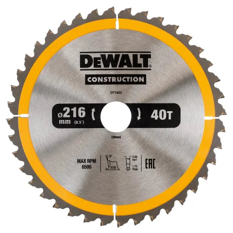 Dewalt DT1953-QZ Stationary Construction Circular Saw Blade 216 x 30mm x 40T ATB/Neg