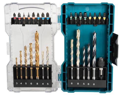 Makita E-07054 29 Piece Drill and Screw Bit Set for wood, metal, and masonry with HSS-Tin and brad point bits.