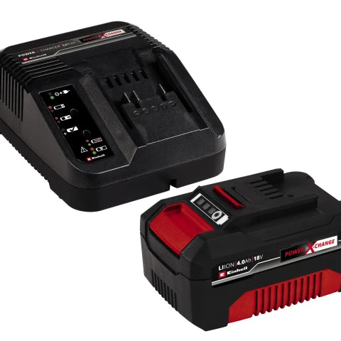 Einhell Power X-Change 18V 4Ah battery and fast charger starter kit for reliable, long-lasting power and quick charging across PX-C tools.