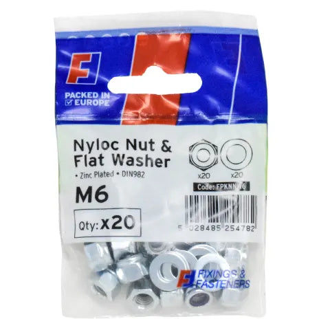 ForgeFix FORFPKNNW6 M6 Nyloc Nut and Washer ForgePack 20, zinc plated for durable, corrosion-resistant fastening.