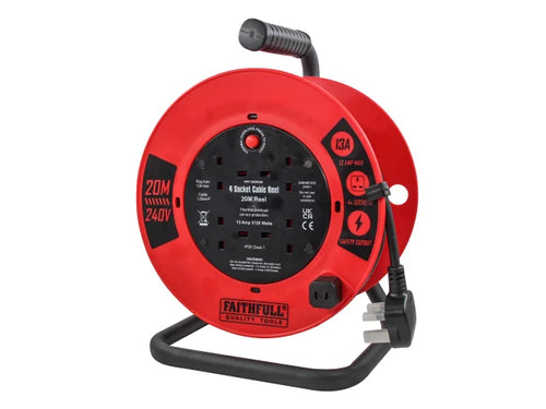 Faithfull FPPCR20240 Open Cable Reel 240V 20m 13A 4 Socket (1.25mm Cable)