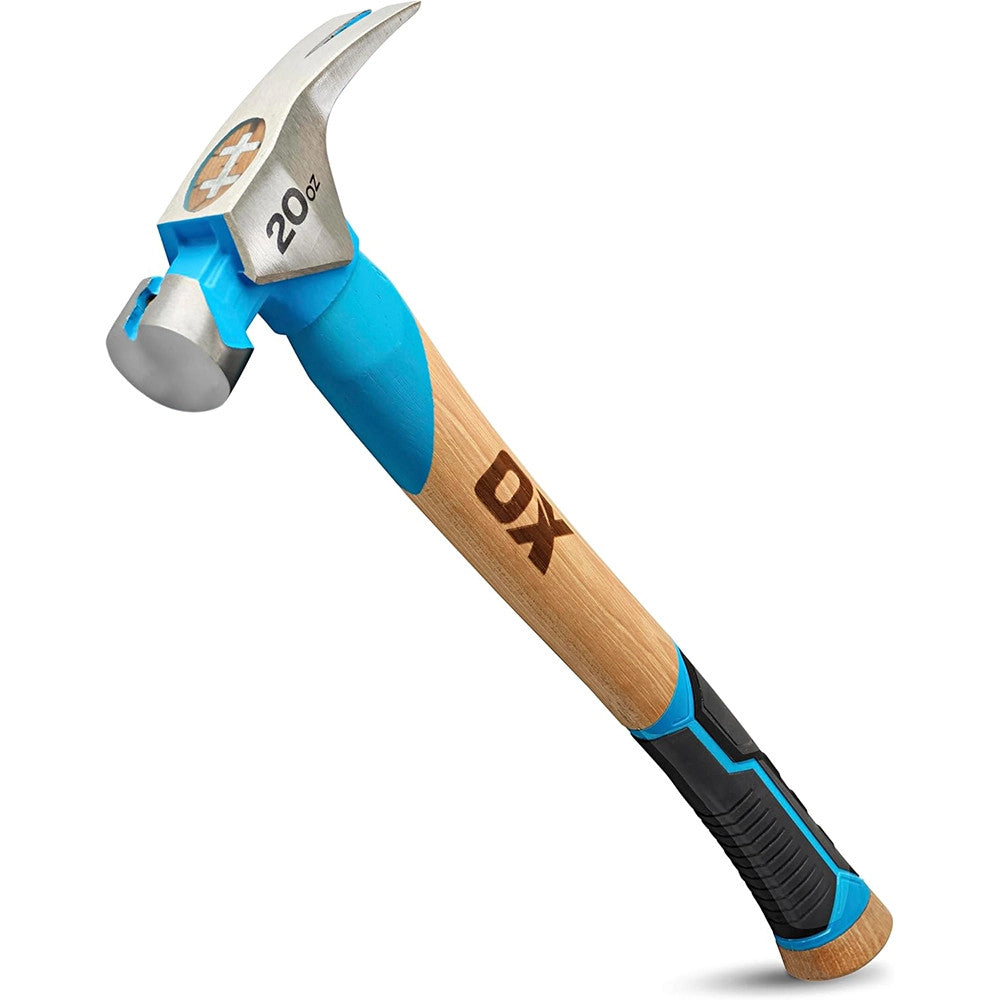 OX OX-P088920 Pro 20-Ounce Smooth Face Framing Hammer | Curved Hickory Handle w/ TPR Grip