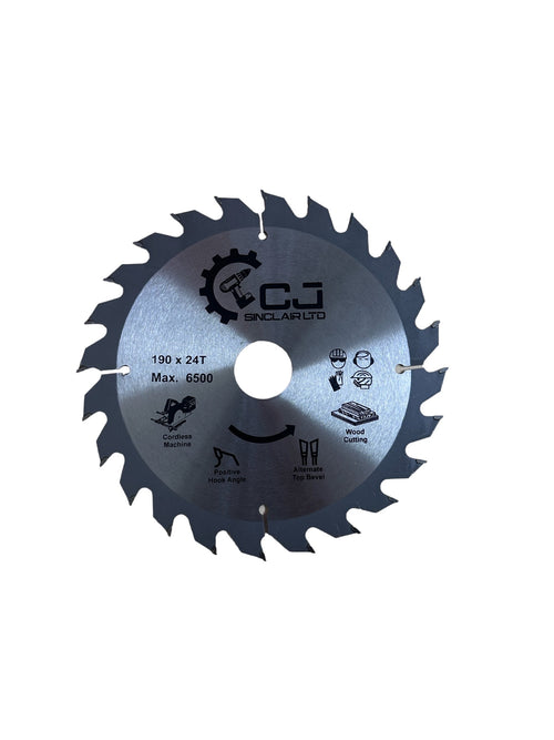 190mm TCT 24-tooth circular saw blade with 30mm bore and thin kerf for efficient, smooth cutting on cordless saws.