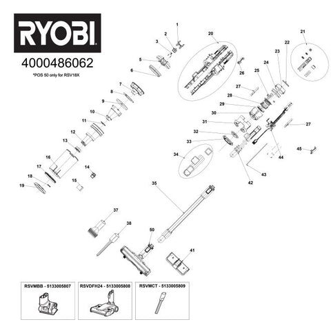 Ryobi RSV18X-0 18V BRUSHLESS STICK VAC spare parts