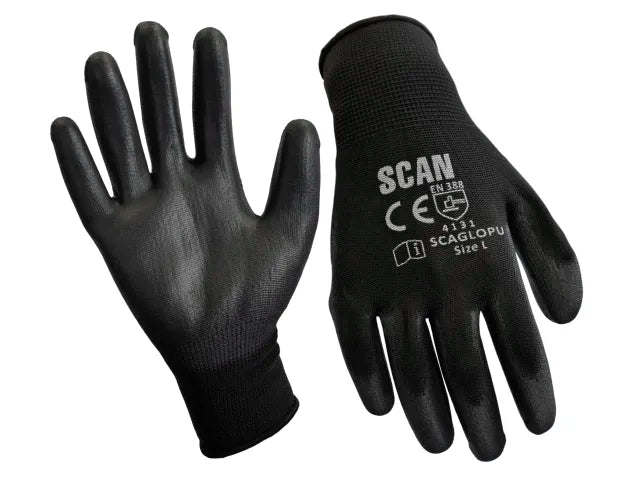 Scan Black PU Coated Gloves - XL (Size 10) (12 Pairs)