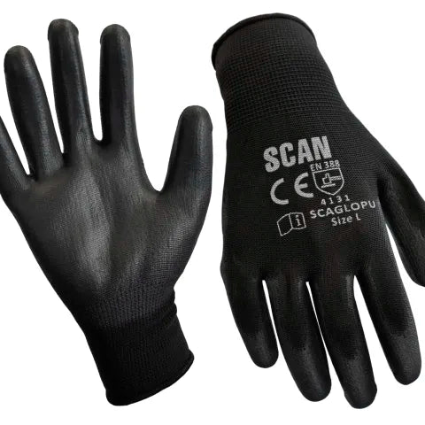 Scan Black PU Coated Gloves - XL (Size 10) (12 Pairs)