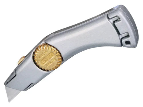 Stanley Titan retractable trimming knife with aluminium body and brass wheel lock, supplied with three blades.