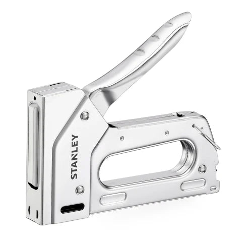 Stanley TR110 heavy-duty Sharpshooter staple gun with steel construction for reliable stapling into dense wood.