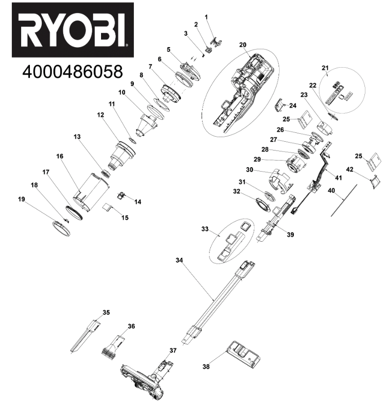 Ryobi RSV18-0 18V brushed stick vac spare parts