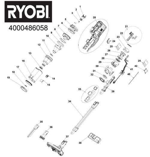 Ryobi RSV18-0 18V brushed stick vac spare parts