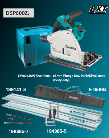 Makita DSP600ZJ Twin 18v LXT Cordless Plunge Saw 165mm bundle kit
