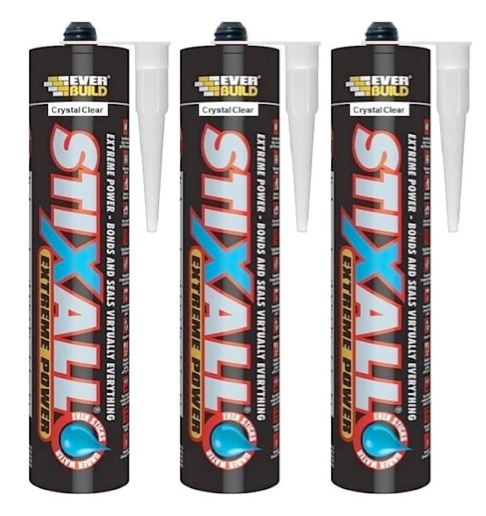 Everbuild Stixall Extreme Power Clear 3-pack 290ml cartridges for high-strength, waterproof sealing and bonding on most building surfaces.