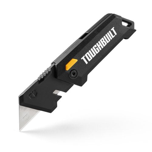 ToughBuilt sub-compact folding utility knife with wire cutter, quick blade release, belt clip and compact durable design.
