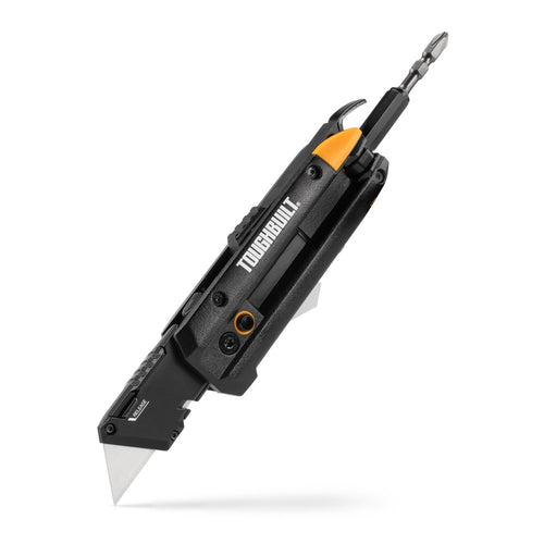 ToughBuilt 5-in-1 electrician’s folding utility knife with bit driver, pry bar, wire cutter and belt clip.