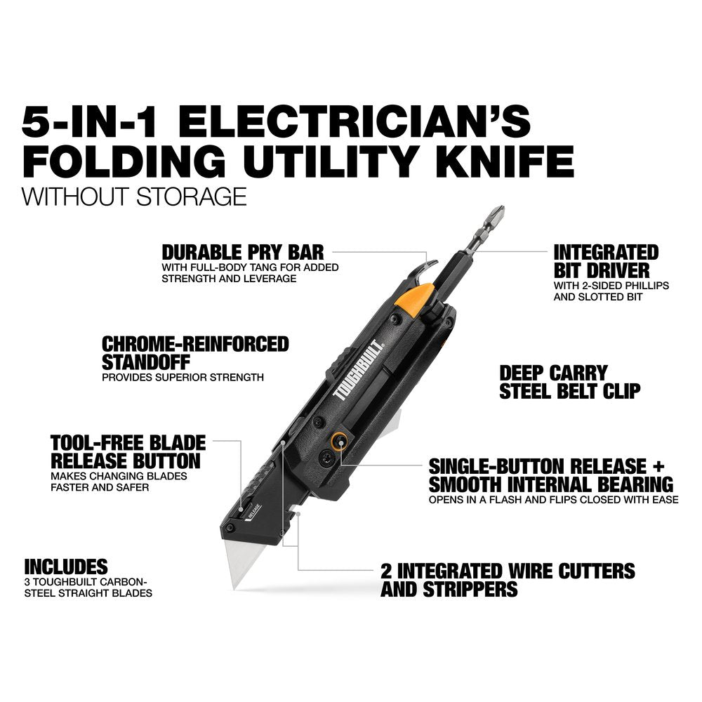 Toughbuilt tb-h4-12-im 5-in-1 Electrician's Folding Utility Knife with Bit Driver + Pry Bar