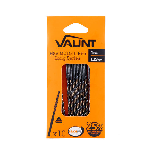 Vaunt V1324087 4.0mm x 119mm HSS M2 Long Turbo Drill Bits – Pack of 10