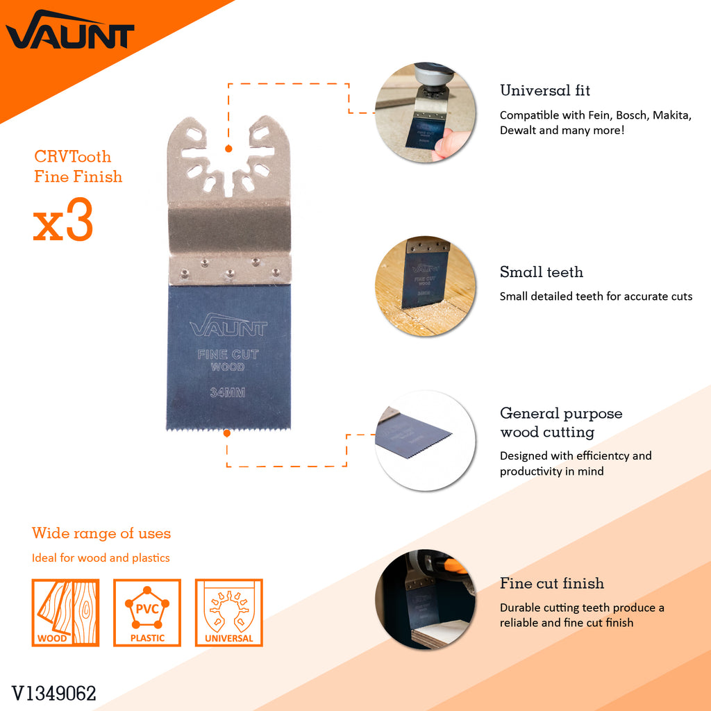 Vaunt  V1349062 Premium 34mm Fine Finish Multi Tool Blade – Pack of 3
