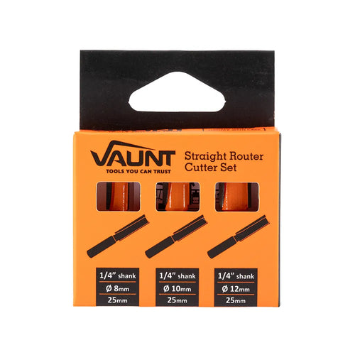 Vaunt  V1355010 Straight Router Cutter Set 1/4″ Shank – 3 Piece (8mm, 10mm, 12mm)