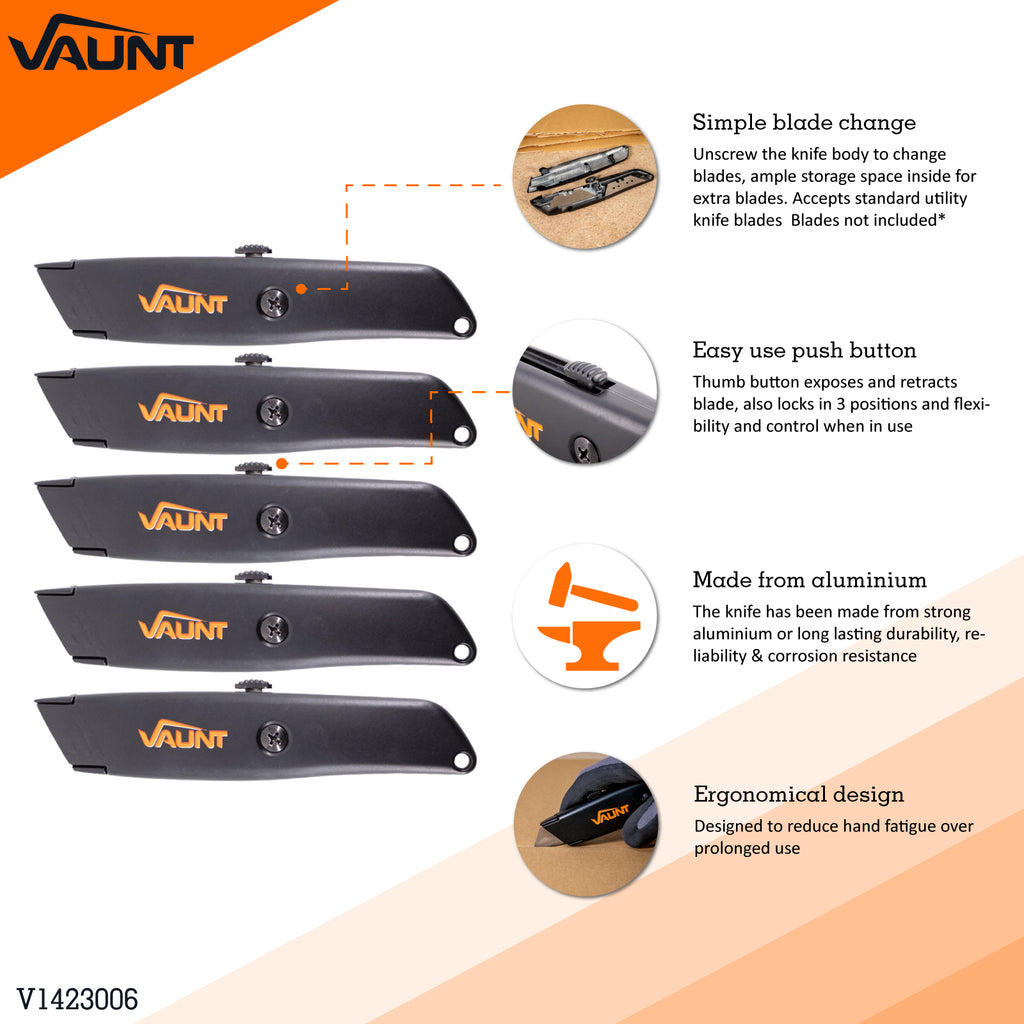 Vaunt V1423006 Black Retractable Utility Knife – Pack of 5