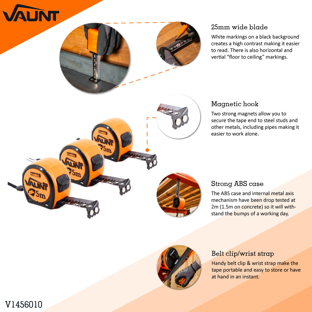 Vaunt V1456010 Premium 5m Metric Compact Tape Measure – Pack of 3