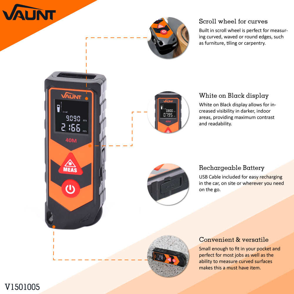 Vaunt V1501005 Laser Distance Measure 40m with Scroll Wheel Measure