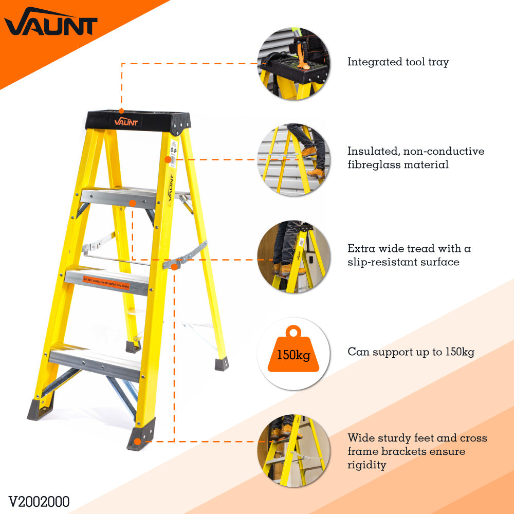 Vaunt V2002000 4 Tread Fibreglass Step Ladder – 1.11m