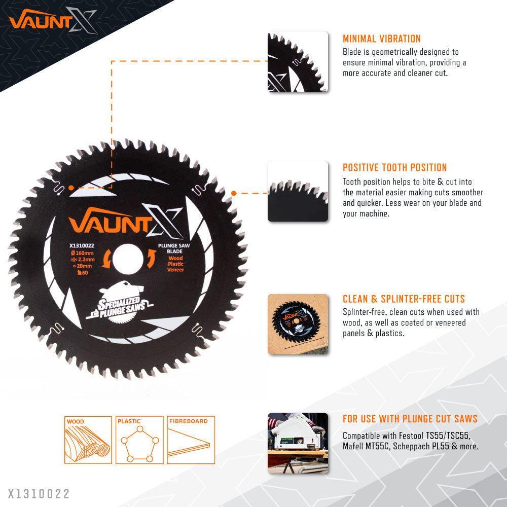 Vaunt  X X1310022  160mm x 20mm 60T TCT Circular Plunge Saw Blade
