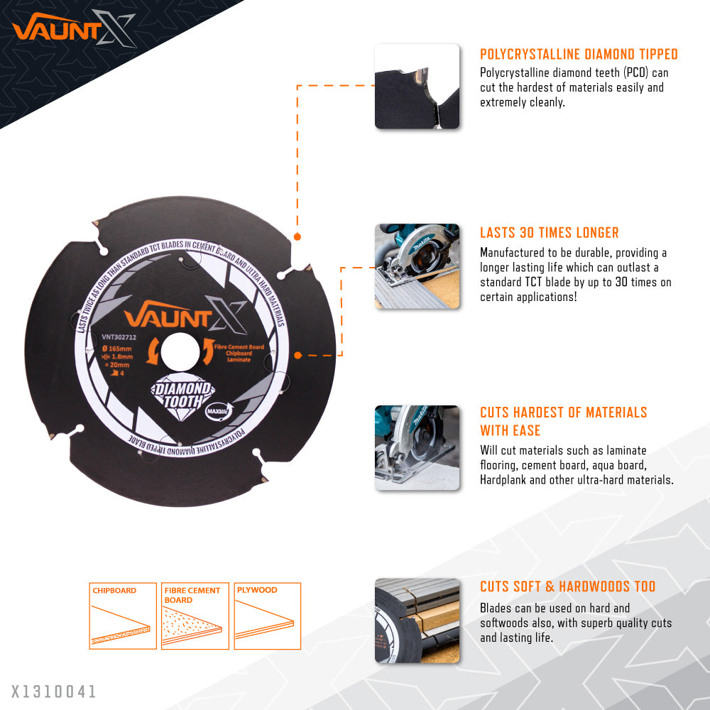Vaunt X  X1310041 165mm x 20mm 4 Diamond Teeth PCD Circular Saw Blade