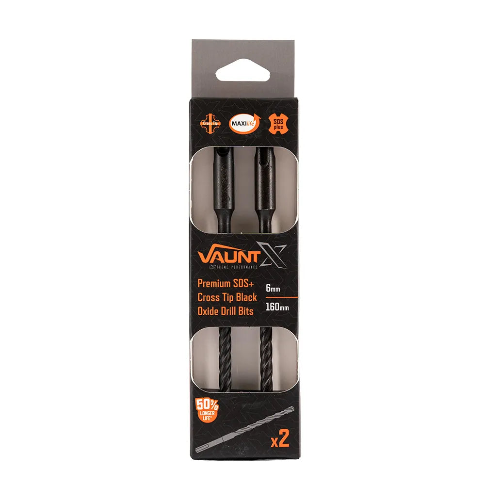 Vaunt X  X1329046 Premium SDS+ Full Carbide Cross Tip Black Oxide – 6mm x 160mm – 2pc