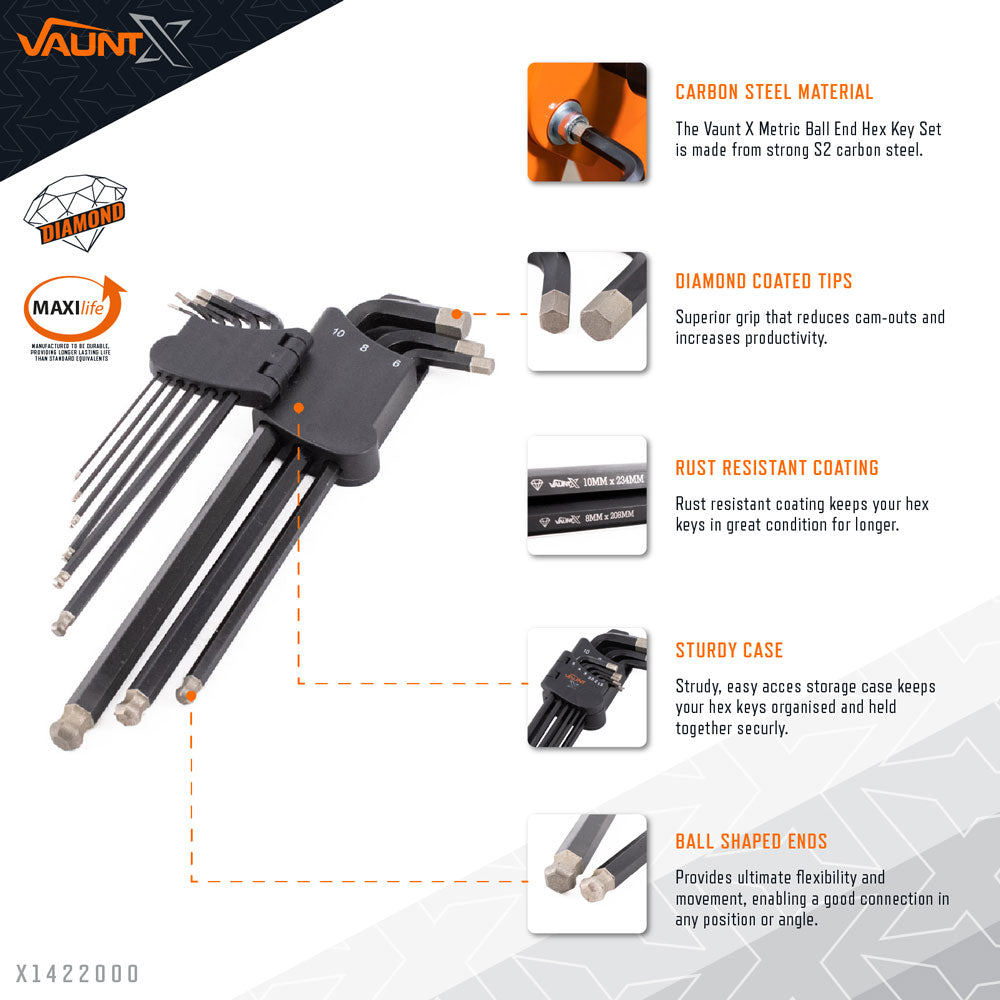 Vaunt X  X1422000 9 Piece Metric Ball End Diamond Tipped Hex Key Set