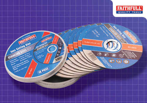 Faithfull 115mm Inox 1.2mm cut-off wheels, 10-pack, supplied in a storage tin for fast, clean stainless steel cutting.