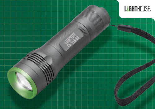 Lighthouse Elite Focus 500-lumen torch with adjustable spot-to-flood beam and durable IP54 aluminium body.