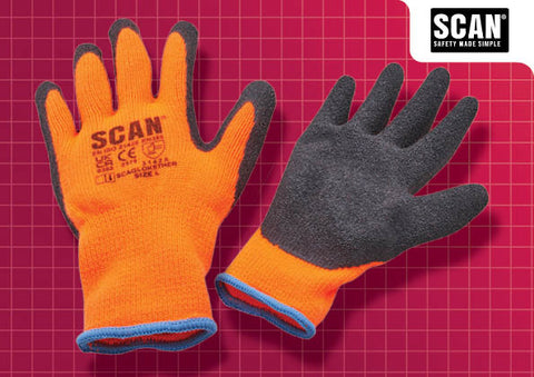 Scan XMS25GLTH3 3 Pack Thermal Latex Dipped Gloves with hi-vis design and strong grip for wet or dry conditions.