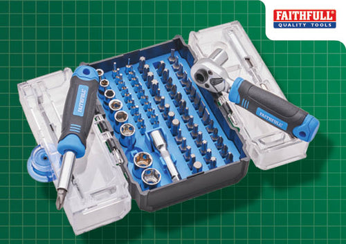 Faithfull 78-piece screwdriver and socket set with ratchet handle, mixed bits and sockets for versatile fastening tasks.